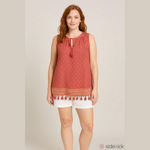 Falls Creek crew neck with tie keyhole front fringe detail Woman’s 2X